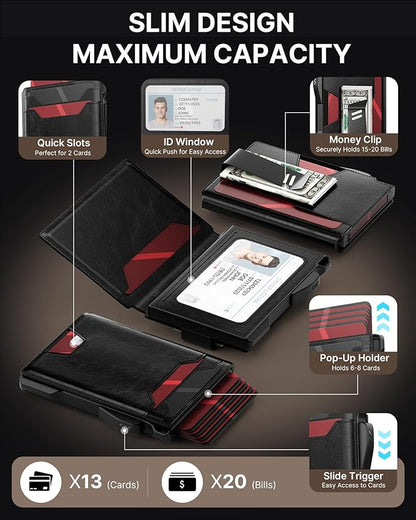 typecase Wallet for Men: Rfid Blocking Wallet 9-13 Card Capacity with Money Clip Slim Leather Front Pocket Smart Pop Up Card Case Bifold Minimalist Wallet with Gift Box - Atlanta Black