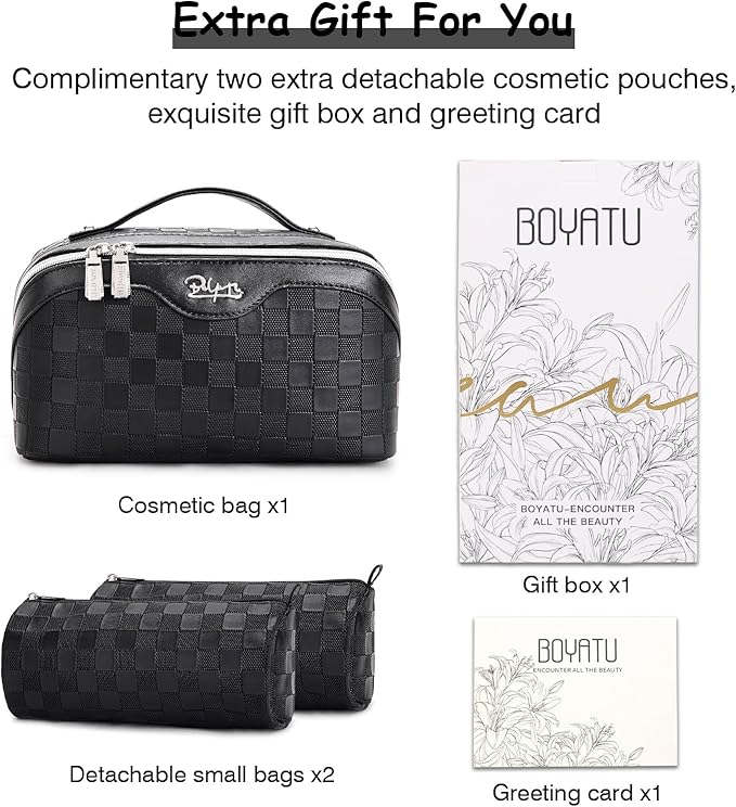 BOYATU Travel Makeup Bag Organizer Cosmetic Bag: 3 Pcs Set Make up Bags for Women with Handle - Waterproof Vegan Leather Toiletry Bags Travel Essentials Pouch with Compartments (01-Black)