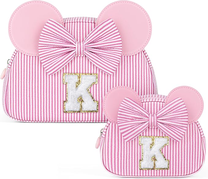 Christmas Gifts for Kids, Personalized Initial Makeup Bag Birthday Gifts for 2 3 4 5 6 7 Years Old Girl Kids Pink Initial Cosmetic Travel Toiletry Bag for Girls Sister Daughter Pink K