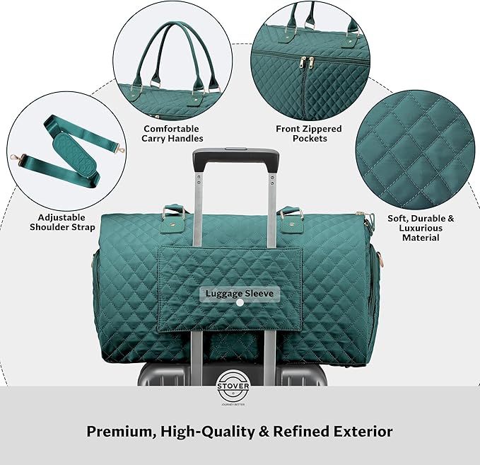 STOVER Women’s Convertible Garment Duffel Bag for Travel – 2-in-1 Carry-On Weekender/Overnight Tote - Wrinkle-Free Dresses, Suits & Clothes Plus Shoe Compartment & Bonus Toiletry Bag (Emerald Green)