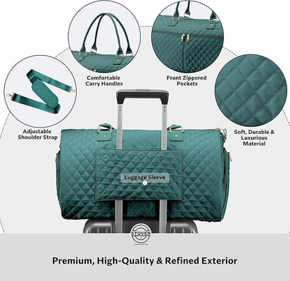 STOVER Women’s Convertible Garment Duffel Bag for Travel – 2-in-1 Carry-On Weekender/Overnight Tote - Wrinkle-Free Dresses, Suits & Clothes Plus Shoe Compartment & Bonus Toiletry Bag (Emerald Green)