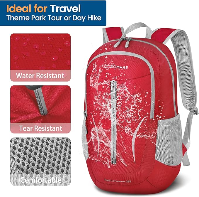 ZOMAKE Ultra Lightweight Packable Backpack 25L, Foldable Hiking Backpacks Water Resistant Small Folding Daypack for Travel(Red)