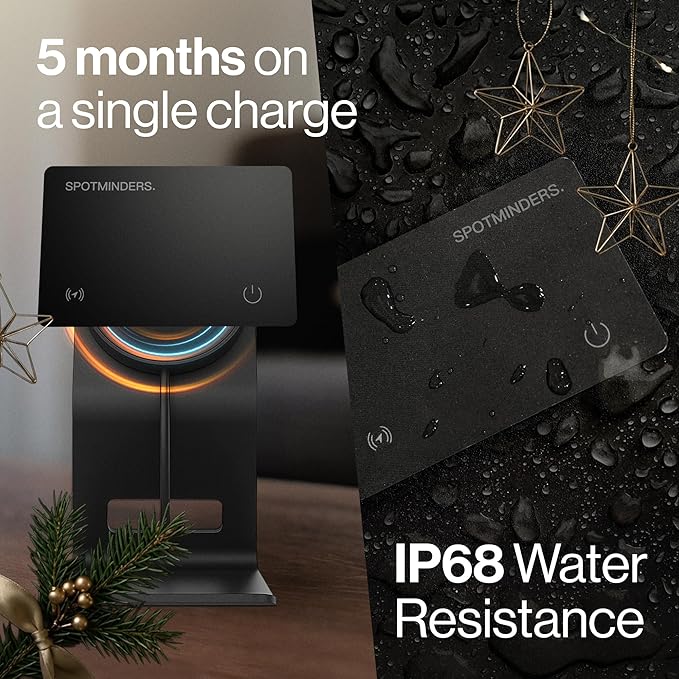 SPOTMINDERS Apple MFI Certified Wallet Tracking Card Black 4-Pack - Works with Apple Find My Rechargeable Tracker IP68 Waterproof 0.07in Slim iPhone Item Finder Smartcard for Luggage Tags Purse Keys