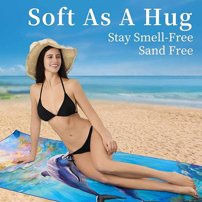 Microfiber Extra Large, Oversized Blue White Striped Beach Towels (70''x35''),Soft&Lightweight 2 Pack XL Quick Dry Cute Dolphin Towel for Adults & Women，Sand Free for Pool,Spa,Swim,Travel