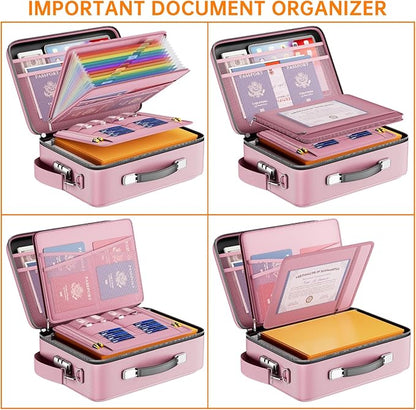 DocSafe Fireproof Document Box with Lock, Hard Case File Organizer with Accordion File Folder, Fireproof Water Resistant Safe Box Home Office Travel Storage for Important Documents Laptop Pink