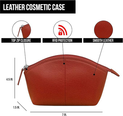 ili New York Genuine Leather Cosmetic Pouch – RFID Blocking, Leather Makeup Bag for Purse with Top Zip Closure & Interior Zip Pocket, Perfect as a Compact and Stylish Travel Cosmetic Bag