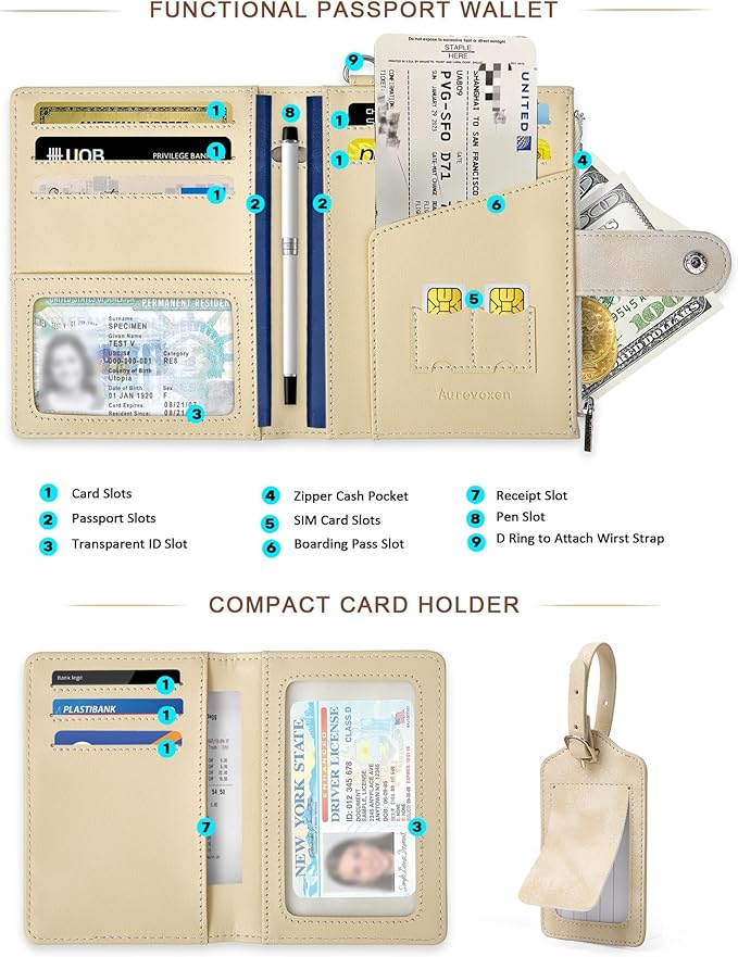 Passport Wallet for Travel, Luxury Vegan Leather RFID Blocking Passport Holder & luggage tag for Women Men, Wristlet Wallet with Zipper Pocket, Couple Travel Essentials