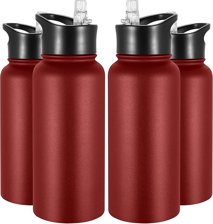 VEGOND 32 oz Insulated Water Bottle Bulk Stainless Steel Metal Water Bottles with Leak Proof Straw Lid & Spout Lid, Wide Mouth Double Walled Vacuum Travel Sports Bottle, Red 4 Pack