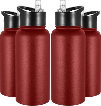 VEGOND 32 oz Insulated Water Bottle Bulk Stainless Steel Metal Water Bottles with Leak Proof Straw Lid & Spout Lid, Wide Mouth Double Walled Vacuum Travel Sports Bottle, Red 4 Pack