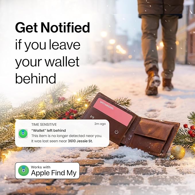 SPOTMINDERS Apple MFi Certified Wallet Tracker for Christmas Stocking Stuffers - Gifts for Women Works With Apple Find My IP68 Rechargeable Slim Tracking Card for iOS - White Elephant Gifts for Adults