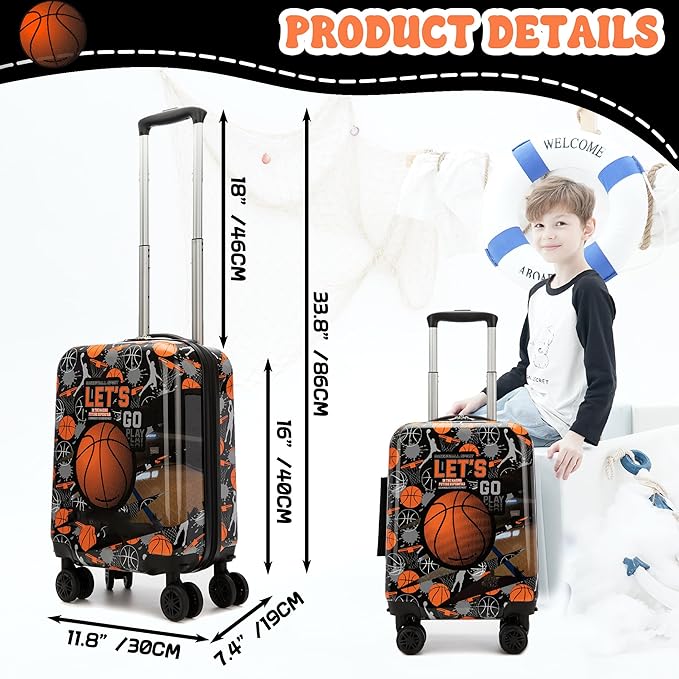 Kid’s Luggage Set 5 Piece Suitcase Set 16’’ Hardside Basketball Luggage with Spinner Wheels Boys Carry on Toddler Travel Rolling Suitcase Carry on Luggage Airline Approved