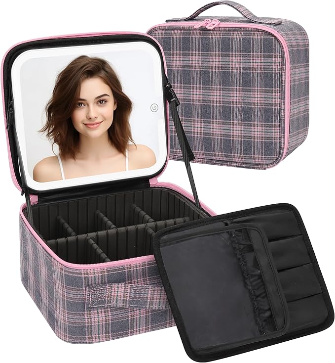 TANTO Makeup Bag With LED Mirror, Travel Makeup Case with Light up Mirror Large Cosmetic Case with 3 Color Lighted Portable Organizer Bag with Adjustable Dividers(Pink/Grey Stripes-Canvas, Small)