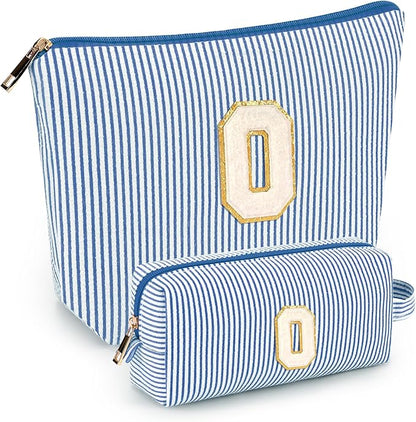 2 PCS Initial Makeup Bags for Women: Cosmetic Bag for Travel Toiletry - Birthday Gifts for 11 12 13 14 15 16 17 18 Years Old Girl Graduation Teacher Gift- Teen Girl Gifts Trendy Stuff - Blue O