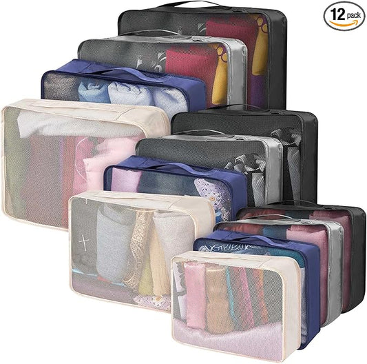 Silkfly 12 Pcs Packing Cubes for Suitcase Travel Luggage Bags Bulk Mesh Organizer Set for Hiking Camping Backpacking Clothes Accessories (Dark Colors,XL, L, M Size)