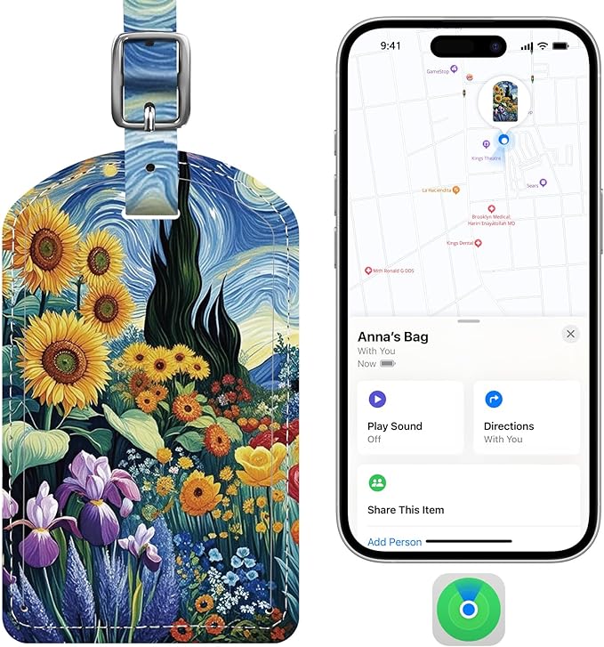 Luggage Tags Built-in Anti-Loss Tracker, Luxury Leather Luggage Tags for Suitcase, Travel Bags, Backpacks, Travel Organizer for Lost Baggage Prevention (Sunflower)