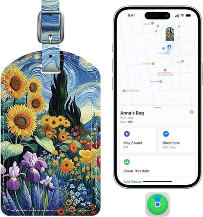 Luggage Tags Built-in Anti-Loss Tracker, Luxury Leather Luggage Tags for Suitcase, Travel Bags, Backpacks, Travel Organizer for Lost Baggage Prevention (Sunflower)