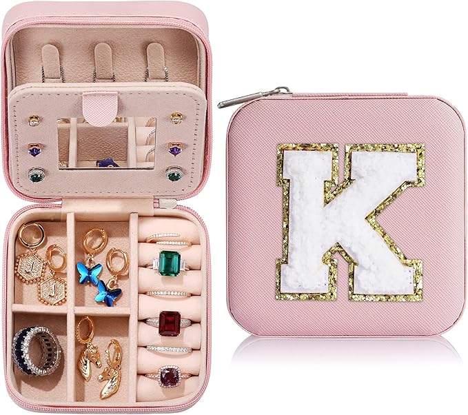 Parima Christmas Stocking Stuffers Gifts for Women Teenage Girls Grandkids, Birthday Gift for Woman, Small Gifts, Cute Travel Jewelry Cases Small Jewelry Box | Letter K, Pink