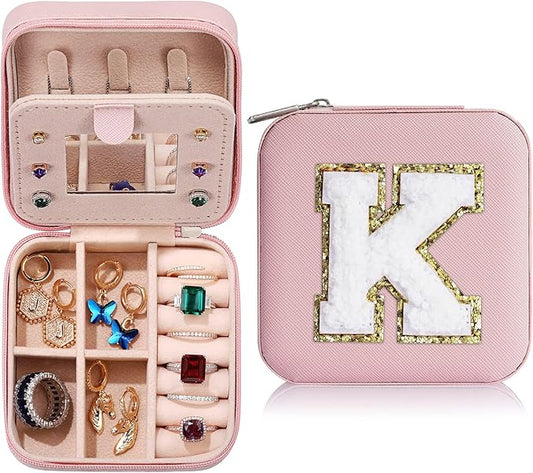 Parima Christmas Stocking Stuffers Gifts for Women Teenage Girls Grandkids, Birthday Gift for Woman, Small Gifts, Cute Travel Jewelry Cases Small Jewelry Box | Letter K, Pink