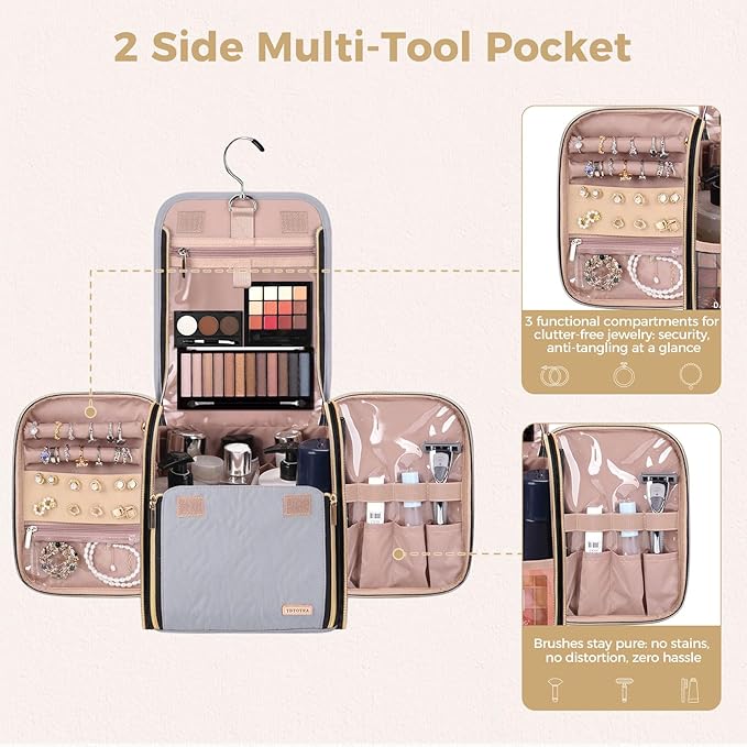 Hanging Toiletry Bag & Makeup Bag for Women with Jewelry Organizer - TSA Approved Large Capacity Travel Cosmetic Organizer, Waterproof Shower Essentials Case with Transparent Pockets