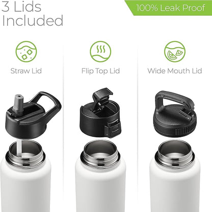 SipX™ Triple-Insulated Stainless Steel Water Bottle 32oz. With 3 Lids, BPA-Free Reusable Insulated Water Bottle Keeps Cold 24 Hours, Metal Water Bottle Made Of Sustainable Material For Hiking & Biking