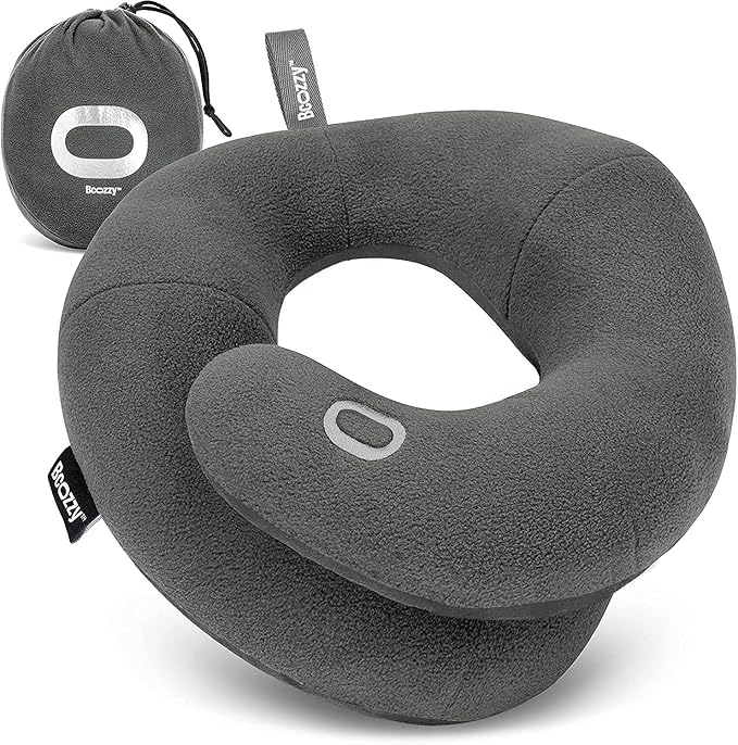 BCOZZY Travel Neck Pillow for Airplane – Patented Double Support for Head, Neck, and Chin. Best for Long Flights, Plane Sleeping & Car Rides. Adjustable Size. Fully Washable. Carry Bag. X-Large, Gray