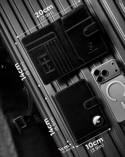 LORZOR Passport Holder for Travel: Full Grain Leather Passport Cover with Airtag Holder Magnetic Buckle for Men - RFID Blocking Bifold Wallet for Air Ticket Card Cash Coin (Black)