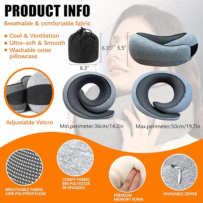 Travel Neck Pillows for Airplanes Or Trains, 360° Head Support Sleep for Long Flight, Skin-Friendly and Breathable, Kit with 3D Contoured Eye Mask, Earplugs and Storage Bag Gifts for Family