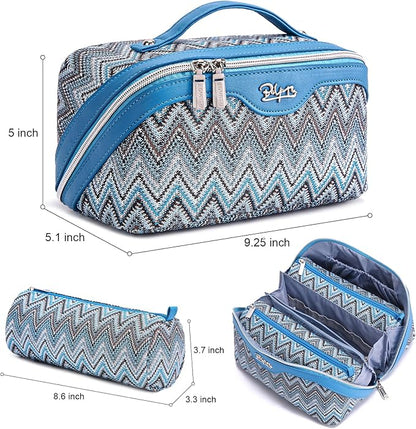 BOYATU Travel Makeup Bag for Women: Western Boho Make up Bag Set of 3 - Large Capacity Vegan Leather Cosmetic Bag - Waterproof Toiletry Bag with Compartments & Handle & Divider(J-4-Blue)