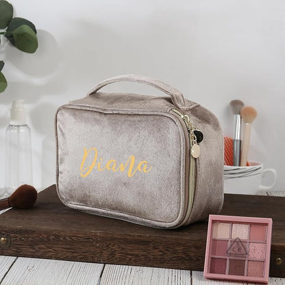 Personalized Name Makeup Bags - Monogrammed Gift for Women Girls Cosmetic Bag with Zipper Gift Ideal for Teen Girls Women Birthday Friend Mom (Khaki)