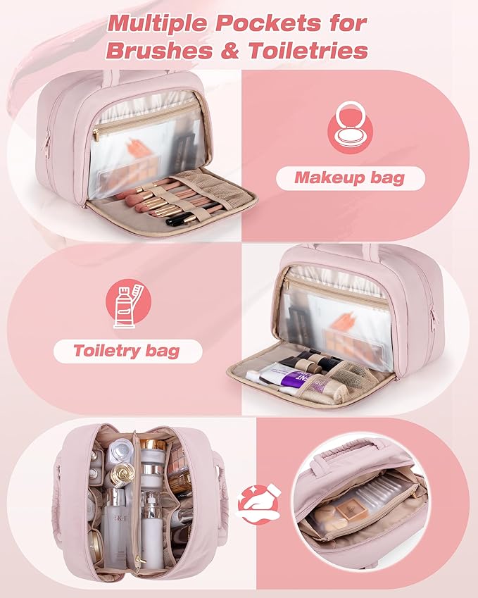 Travel Toiletry Bag for Women with Hanging Hook, Water Resistant Puffy Makeup Organizer with Leak Proof Pockets for Toiletries and Cosmetics - Pink (Bag Only)
