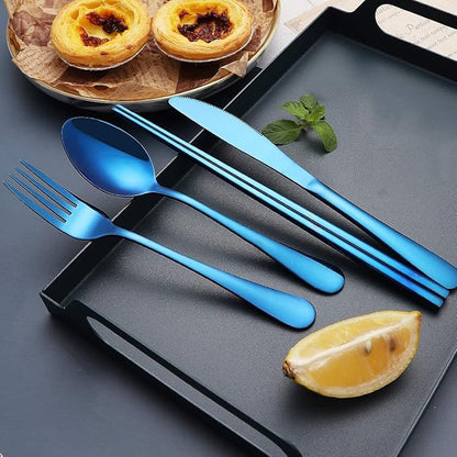 Portable Stainless Steel Flatware Set, Travel Camping Cutlery Set, Portable Utensil Travel Silverware Dinnerware Set with a Waterproof Case (Blue)
