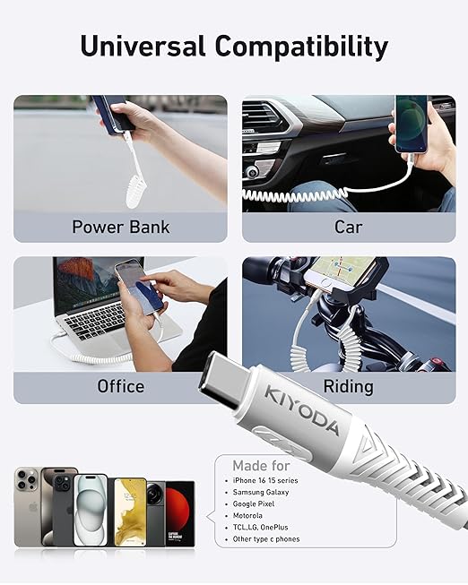 USB C to C Cable 6ft for Car, Coiled Braided USB Type C Cable 66W Fast Charging Cord USBC Cables Compatible with iPhone 17 16 15 Pro Max, iPad, Samsung Galaxy, Google Pixel Phones-Silver 2Pack