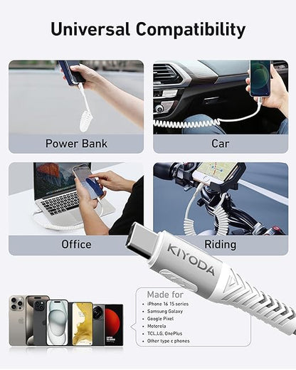 USB C to C Cable 6ft for Car, Coiled Braided USB Type C Cable 66W Fast Charging Cord USBC Cables Compatible with iPhone 17 16 15 Pro Max, iPad, Samsung Galaxy, Google Pixel Phones-Silver 2Pack