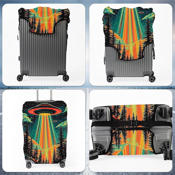 Suitcase Cover for Luggage 22-24 Inch, Washable Elastic Anti-Scratch Luggage Protector, Durable Zipper Baggage Cover with Handle Wrap, Travel Accessories for Suitcase, Colorful alien UFO