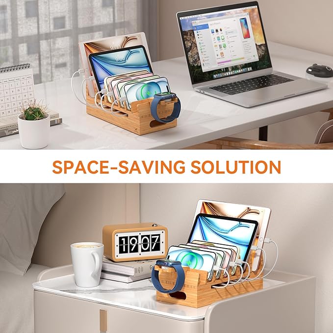 Pezin & Hulin Bamboo Charging Station with Watch Stand, Docking Holder for Multi Device with 5 Port USB Charger HUB, 5 Charge Cables, Desktop Electronic Organizer for Cellphone, Tablet, Watch
