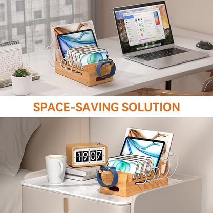 Pezin & Hulin Bamboo Charging Station with Watch Stand, Docking Holder for Multi Device with 5 Port USB Charger HUB, 5 Charge Cables, Desktop Electronic Organizer for Cellphone, Tablet, Watch