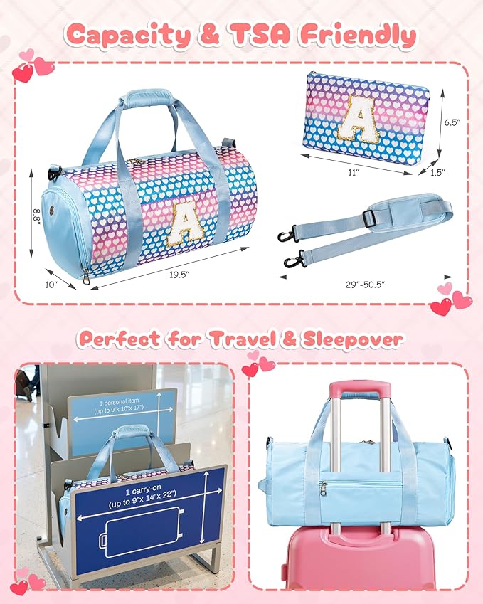 Teen Girl Trendy Stuff, Girls Travel Duffel Bag, Kids Initial Overnight Bags with Shoe Compartment, Initial Duffle Bag with Makeup Pouch, Christmas Gifts for Grandkids (Letter K)