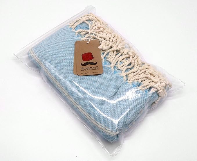 Bazaar Anatolia Slim Line Turkish Towel 100% Cotton Peshtemal Beach Towel 76x38 Thin Lightweight Travel Camping Bath Sauna Gym Pool Blanket Quick Dry Towels (Turquoise) - Made in Turkiye