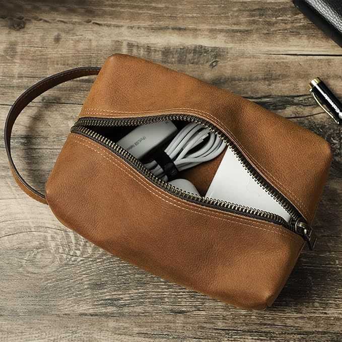Electronic Organizer Zipper Bag, Top Grain Leather, Handmade Vintage Design, Portable Travel Electronic Accessories Storage Cases for Phone, USB Cables, Chargers, Hard Drive, Daily Cosmetics