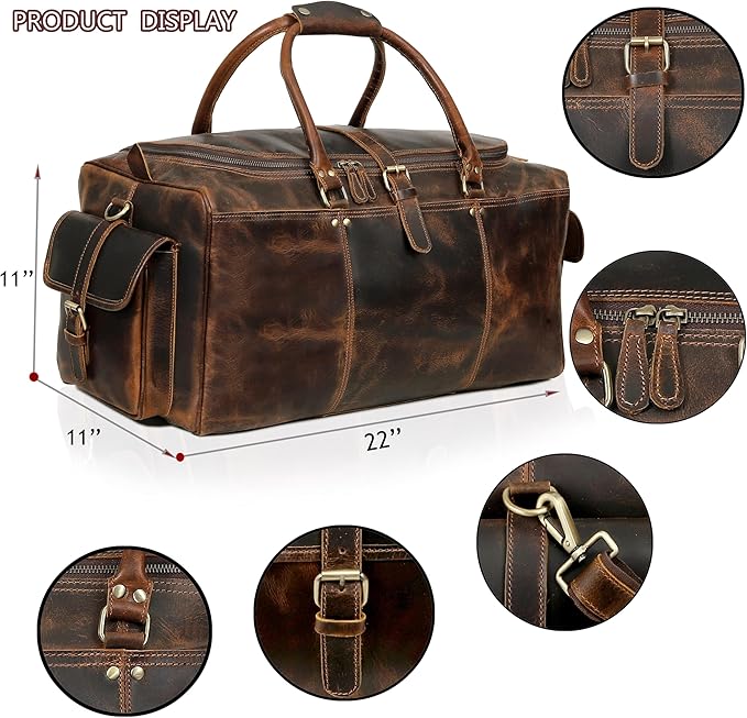 Large Italian Leather Duffle Travel Weekender Overnight Sports Duffel Bags For Men And Women- 22 Inch
