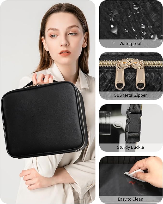 TANTO Makeup Bag With LED Mirror, Travel Makeup Case with Light up Mirror Large Cosmetic Case with 3 Color Lighted Portable Organizer Bag with Adjustable Dividers（Black）