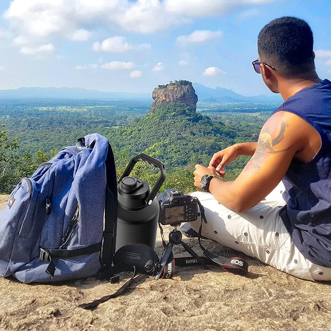 BJPKPK One Gallon(128 oz) Insulated Water Bottle, Dishwasher Safe Stainless Steel Jug, BPA Free Jug with Ergonomic Handle & Anti-slip Bottom, Large Water Bottle, Black