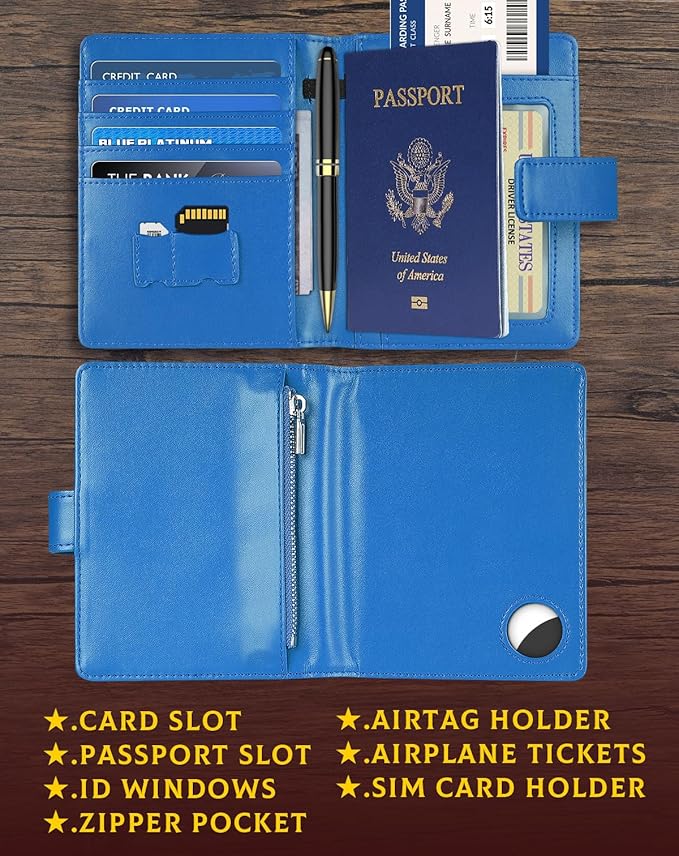 Passport Holder Wallet Cover Case for Women and Men,RFID Blocking,Passport Case with AirTag Holder,Travel Accessories (Blue)