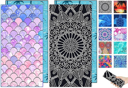2 Packs Sand Proof Microfiber Beach Towels Adult –Quick Fast Dry Beach Oversized Accessories for Travel Swim Pool Yoga Camping Blanket Essentials Lightweight Must Haves Items Women Gifts Mandala Scale