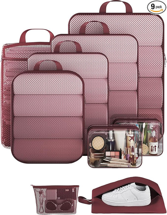 Veken 9/11 Set Compression Packing Cubes for Travel Essentials,Compressible Expandable Large Luggage Suitcase Organizer Bags for Clothing,Durable Space Saver Storage Bags with Toiletry Bags(Wine Red)