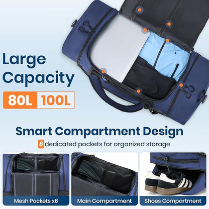 Fanwoli 85L 100L Large Rolling Duffle Bag with Shoes Compartment, 30’’ Expandable & Foldable Heavy Duty Water Resistant Travel Backpack, Convertible Foldable Duffel for Gym Camping Weekender