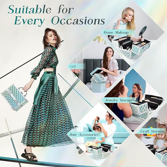 RENESSA Makeup Train Case Portable Makeup Case Organizer Cosmetic Box Make Up Box Makeup Organizer Cosmetic Storage Cases with Locking Nail Kit Organizer Travel Case Shiny Blue