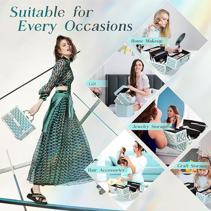 RENESSA Makeup Train Case Portable Makeup Case Organizer Cosmetic Box Make Up Box Makeup Organizer Cosmetic Storage Cases with Locking Nail Kit Organizer Travel Case Shiny Blue