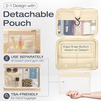 KAZAY Hanging Toiletry Bag with TSA Approved Detachable Pouch, Travel Toiletry Bag, Water Resistant, Premium Nylon, Full-Size Bottles, Travel Size Toiletries, Cosmetic Bag, Unisex (Beige)