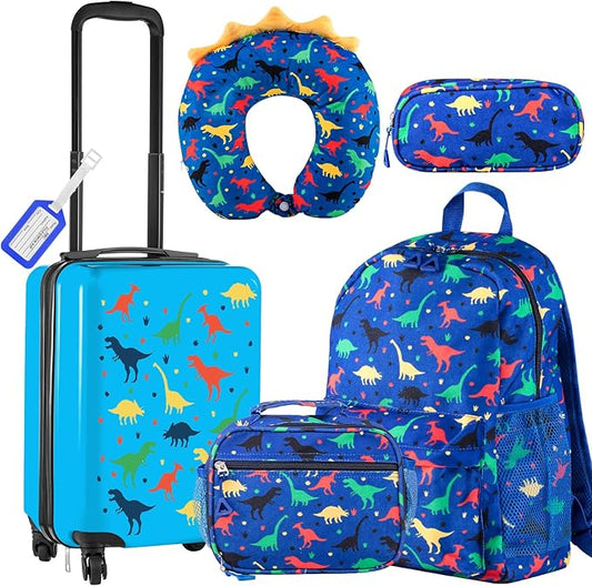 Redbaker 6 Pcs Kids Luggage Set 17 Inch Kids Rolling Luggage Double Pattern Suitcase for Girls Boys School Gift(Dark Blue,Dinosaur Style)